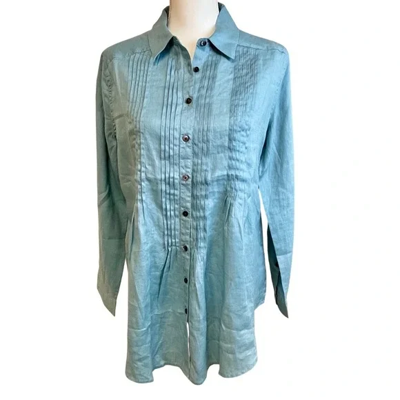 SUNDANCE Blue Katina Linen Pintuck Tunic Shirt Sz M Pleated Boho Travel‎ Relaxed - Picture 2 of 14